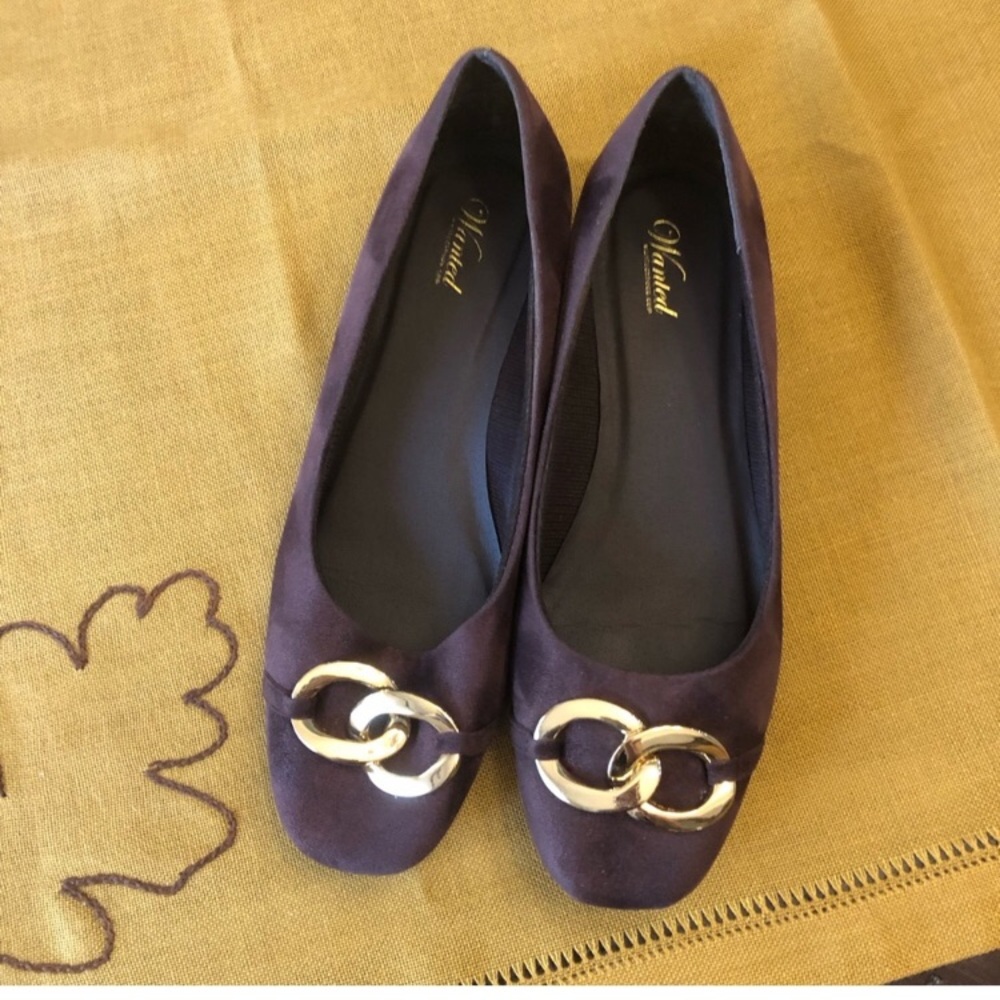 Wanted Jingle Chocolate Brown Suede finish Ballet Flats Gold Chain Link accent
